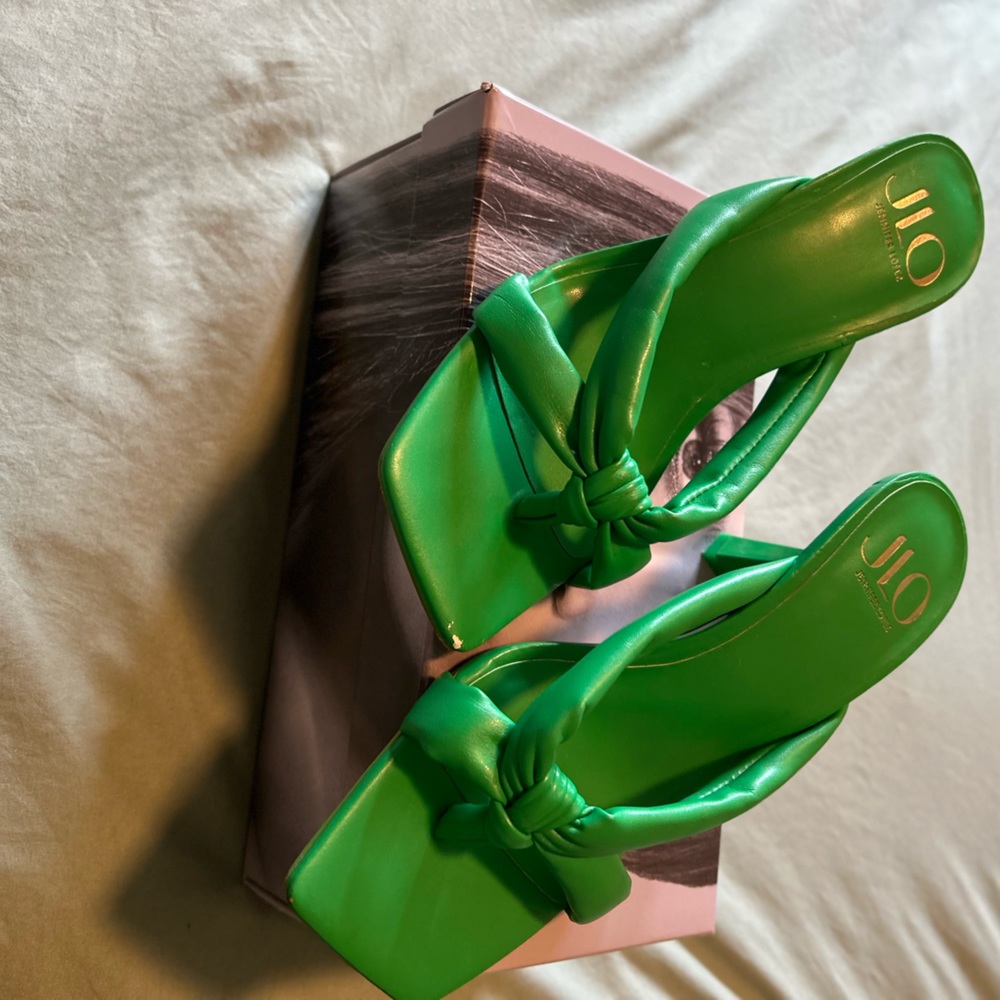 JLo green sandal heels